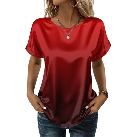 BOMYJESK Womens Tops Short Sleeve Crew Neck Gradient Tee Shirts Business Casual Fashion Silk Blouse Summer Curved Hem Basic Tees Red L