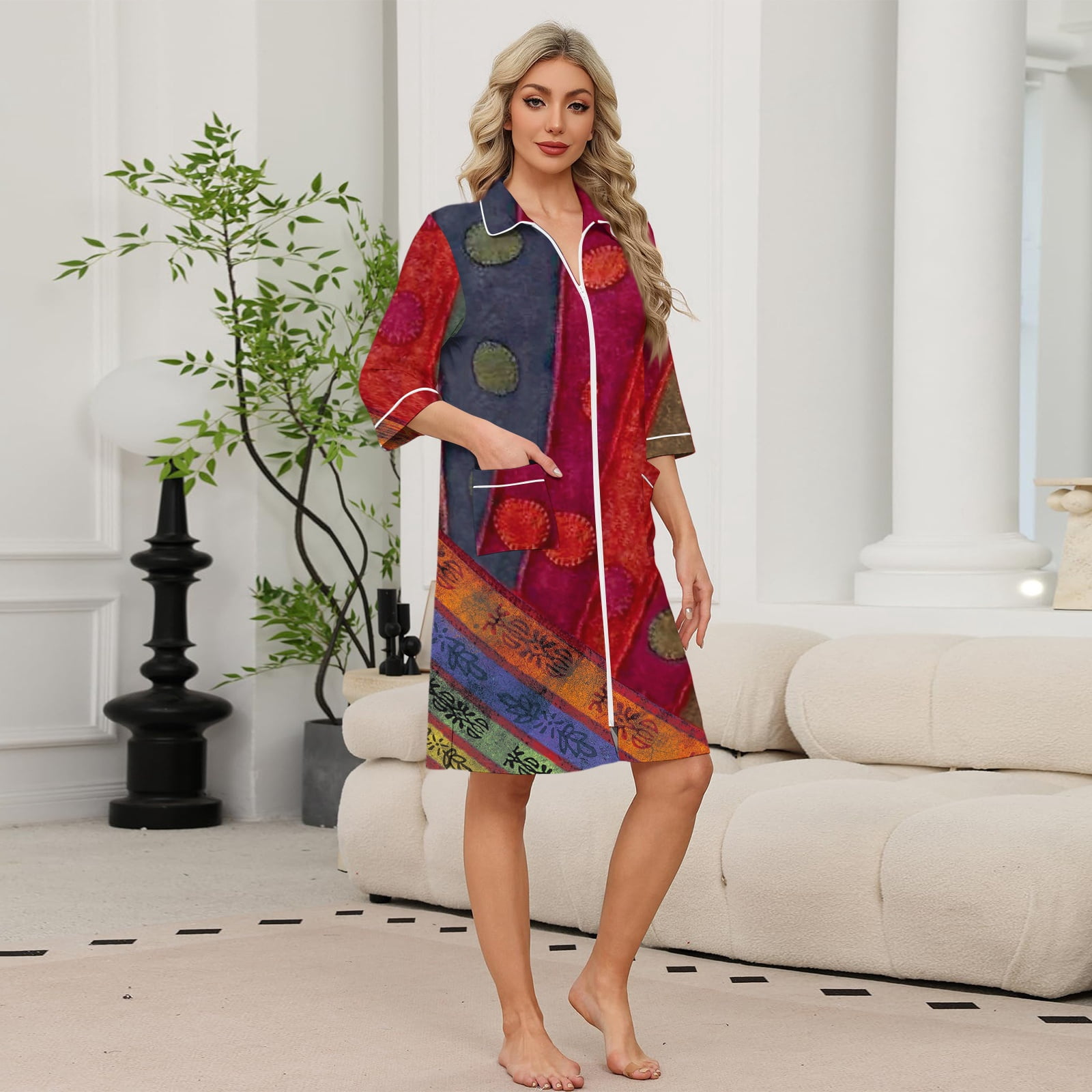 BOMYJESK Zipper Robes for Women 3/4 Sleeve Bathrobe Above Knee Zip ...