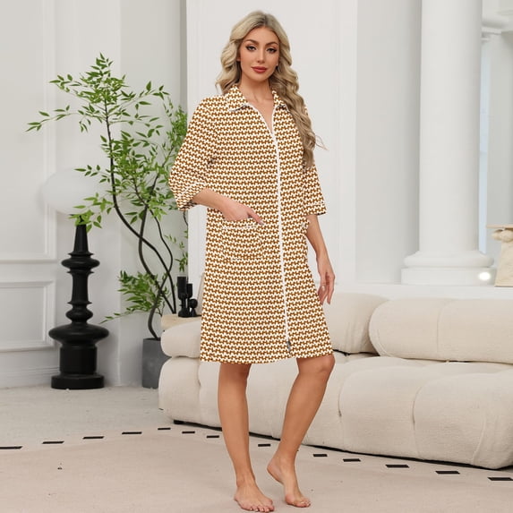 BOMYJESK Zipper Robes for Women Collar 3/4 Sleeve Bathrobe Knee Length Zip Up House Coats Casual Soft House Dress with Pockets Brown L