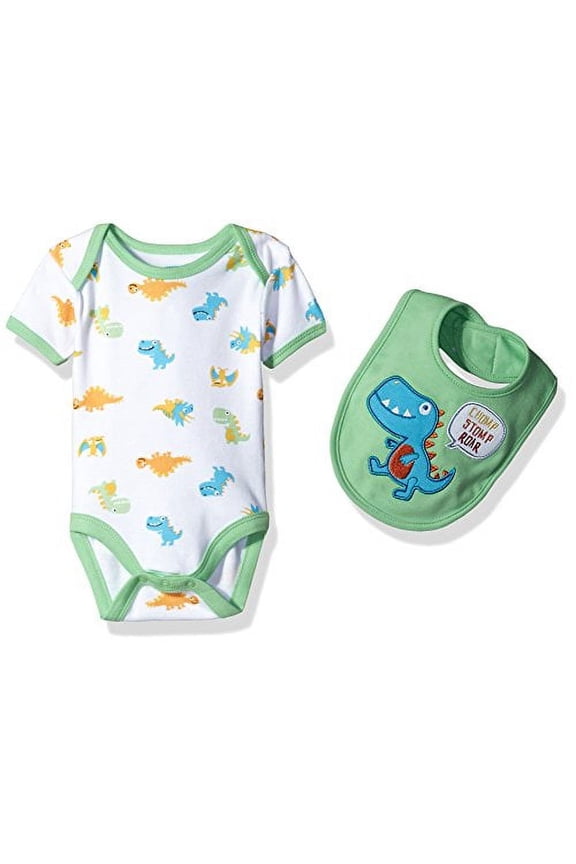 Baby Boys' 2 Piece s Lap Shoulder Bodysuit and Bib Set, Green Dino, 6-9 Months