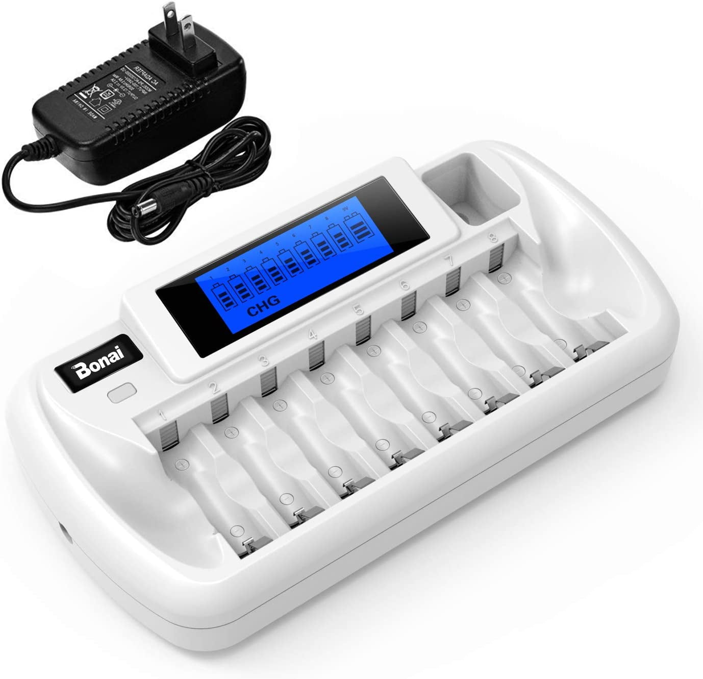 BONAI 8+1 Bay AA Battery Charger with LCD Display for AA AAA NiMH/NiCD 9V Rechargeable Batteries - White