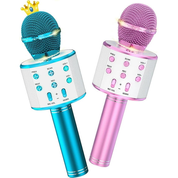 BONAOK 2 Pack Karaoke Microphone for Kids, Wireless Bluetooth Karaoke Microphone for Singing, Portable Handheld Mic Speaker Machine, Gifts Toys for Girls Boys(Blue & Pink)