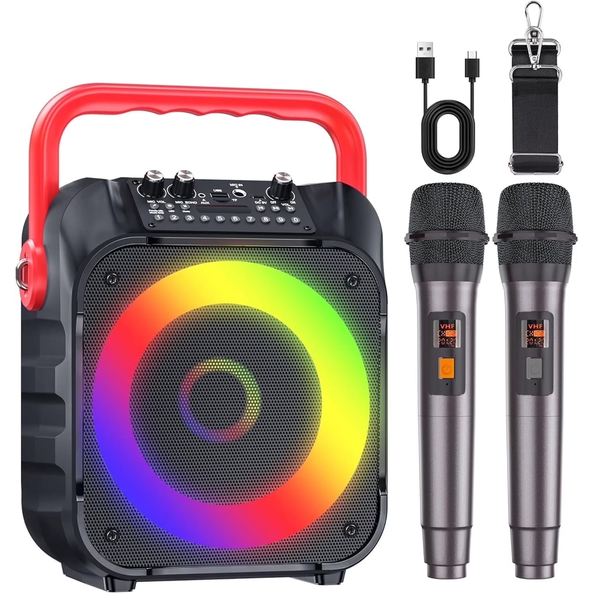 BONAOK Karaoke Machine for Adults, Karaoke Speaker with Two Wireless Microphones, Portable Bluetooth Speaker PA System for Christmas Party, Karaoke Microphone with LED Lights, Red