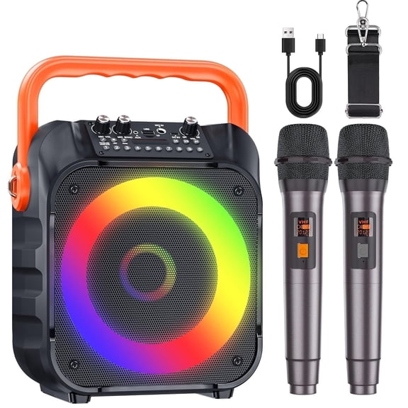 BONAOK Karaoke Machine for Adults, Karaoke Speaker with Two Wireless Microphones, Portable Bluetooth Speaker PA System for Christmas Party, Karaoke Microphone with LED Lights, Orange