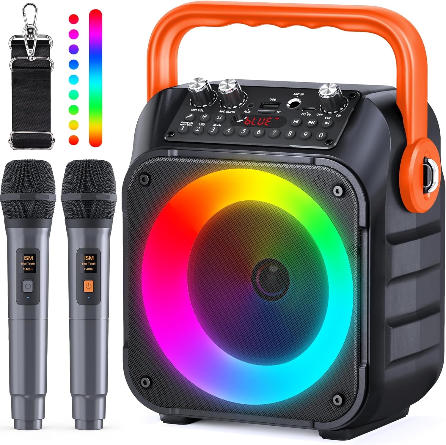 Bonaok Karaoke Machine for Adults with 2 Wireless Microphones, Portable Karaoke Machine, Karaoke Microphone with PA System for Home Party, Orange