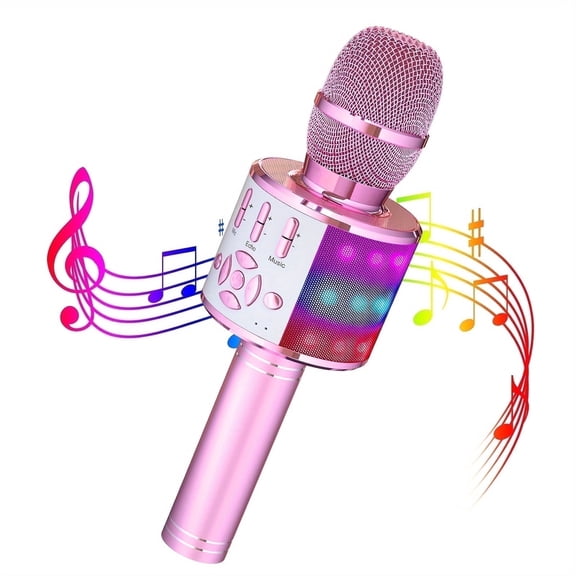 BONAOK Bluetooth Wireless Karaoke Microphone, Portable Handheld Karaoke Machine with LED Lights, Bluetooth Microphone Speaker Singing Gift for Kids Adults(Light Pink)