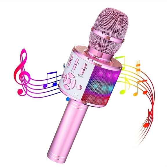 Bonaok Bluetooth Wireless Karaoke Microphone, Portable Handheld Karaoke Machine with LED Lights, Bluetooth Microphone Speaker Singing Gift for Kids Adults(Light Pink)