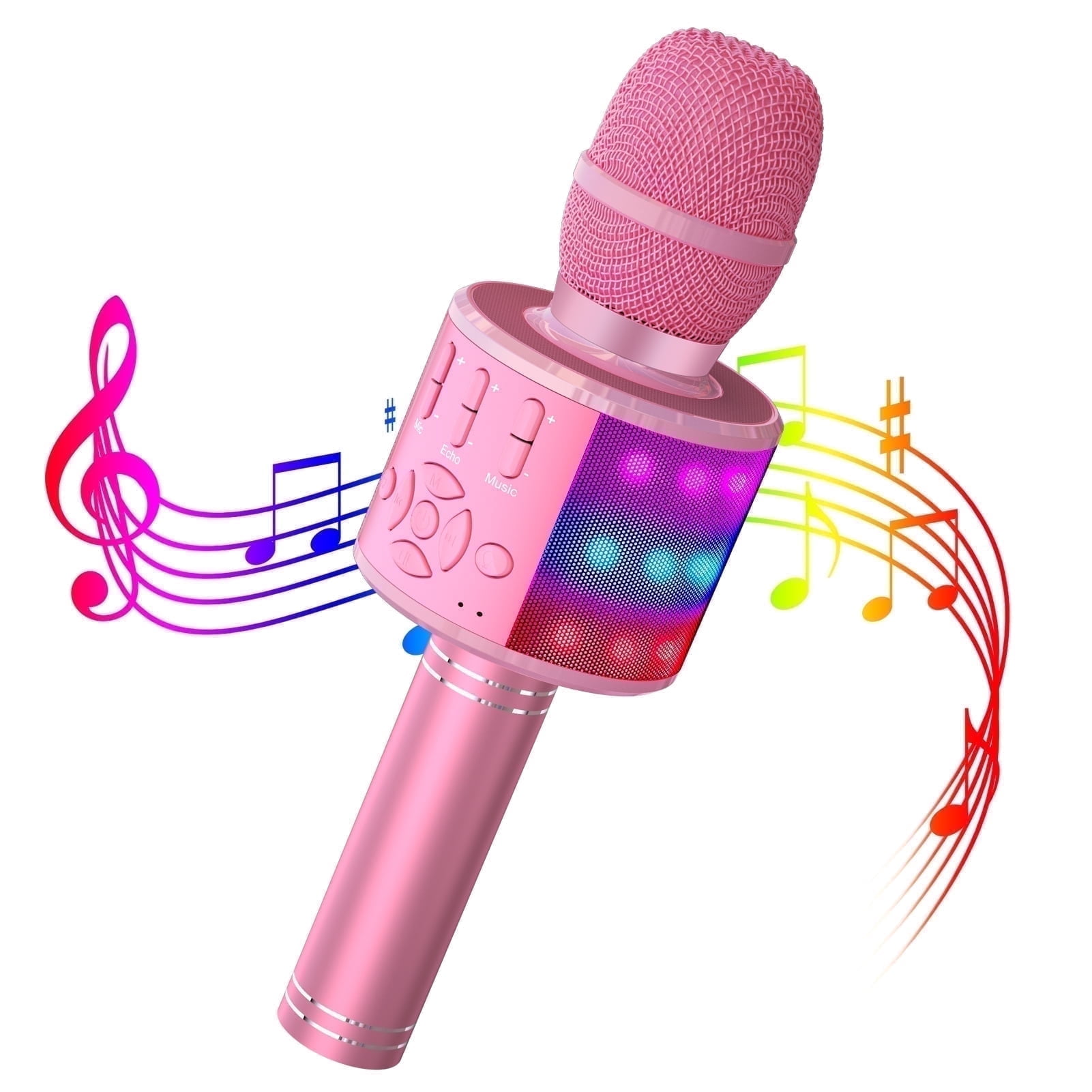 Bonaok Bluetooth Wireless Karaoke Microphone, Portable Handheld Karaoke Machine with LED Lights, Bluetooth Microphone Speaker Singing Gift for Kids Adults(Pink)
