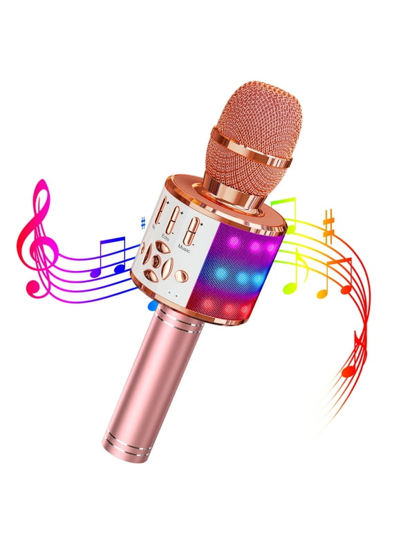 BONAOK Kids Karaoke Microphone, Wireless Bluetooth Microphone for Singing, Portable Karaoke Machine Handheld with LED Lights, Gift for Teens Girl Boys Adults Birthday Party(Rose Gold)