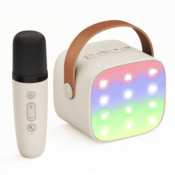 Bonaok Mini Karaoke Machine for Kids, Christmas Portable Speaker with Wireless Microphone for Singing, Gift for 4-12+ Years Old Girls, Beige