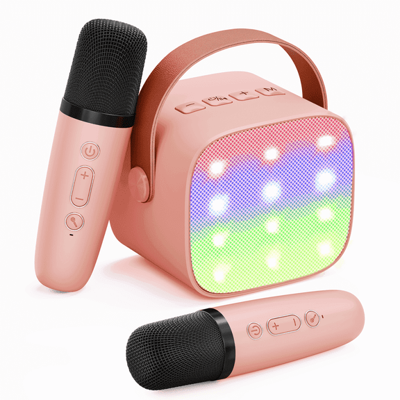 BONAOK Mini Karaoke Machine for Kids Adults, Portable Bluetooth Singing Speaker with 2 Mics, Ideal Birthday Gift for Girls Boys Home Family Party, Pink