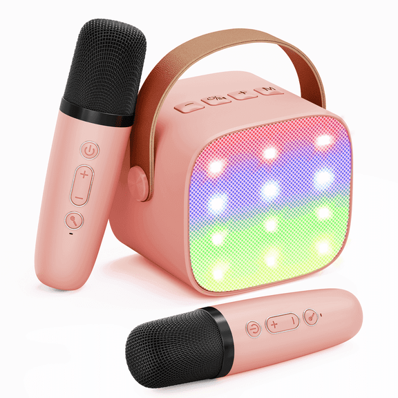 Bonaok Mini Karaoke Machine for Kids, Christmas Portable Speaker with 2 Wireless Microphones for Singing, Gift for 4-12+ Years Old Girls, Pink