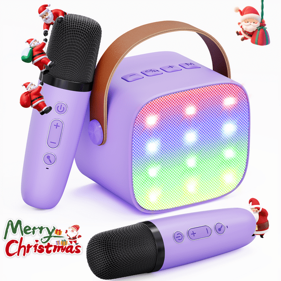 Bonaok Mini Karaoke Machine for Kids, Christmas Portable Speaker with 2 Wireless Microphones for Singing, Gift for 4-12+ Years Old Girls, Purple