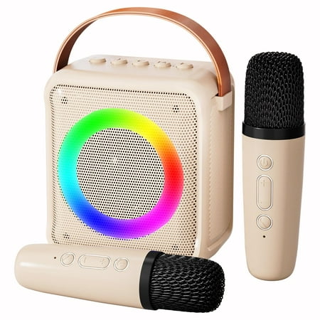 product image of BONAOK Mini Karaoke Machine for Kids Adults, Portable Bluetooth Speaker with 2 Wireless Microphones, Microphone Speaker Set with LED Disco Lights for Home Party Birthday Gifts for Girls Boys(White)