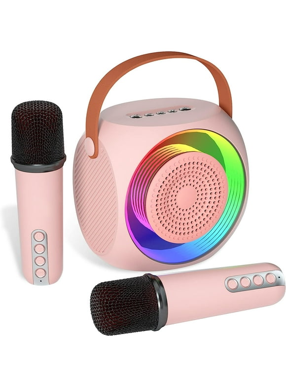 BONAOK Mini Karaoke Machine for Kids, Portable Bluetooth Karaoke Speaker with 2 Wilreless Microphones and Led Lights for Home Party, Birthday Gifts for Boys/Girls(Pink)