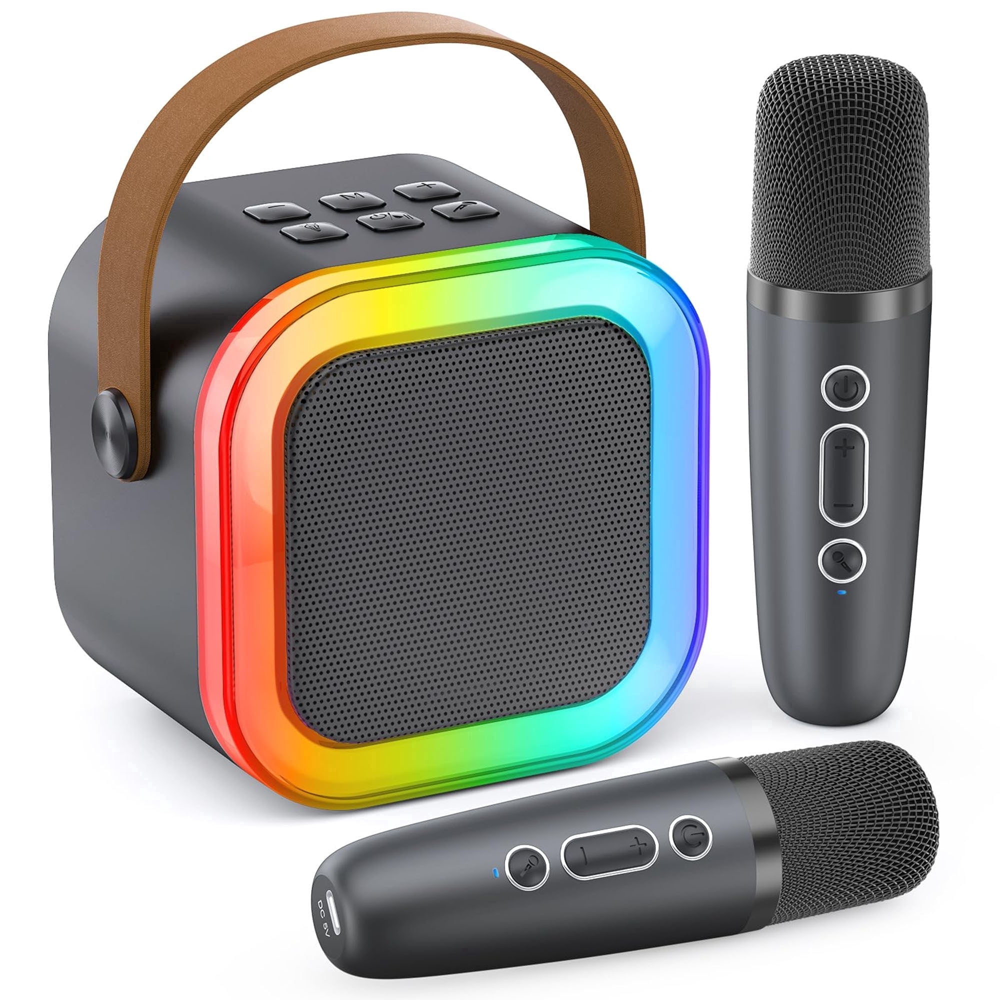 BONAOK Mini Karaoke Machine for Kids, Portable Karaoke Speaker with 2 Wilreless Microphones and Bluetooth for Home Party, Birthday Gifts for Girls(Grey)