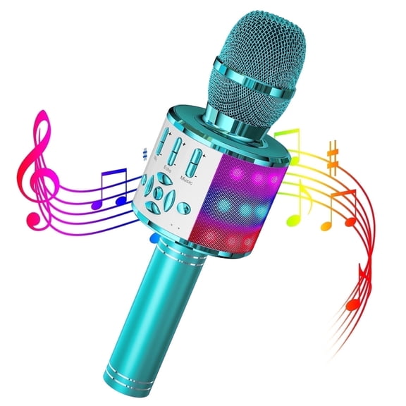 BONAOK Wireless Karaoke Microphone, Portable Handheld Karaoke Machine with LED Lights, Bluetooth Microphone Speaker Singing Birthday Gift for Kids Adults(Light Blue)