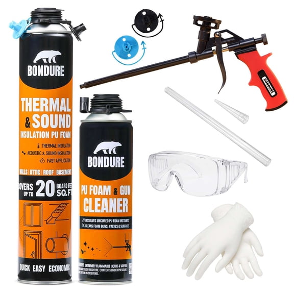 BONDURE Spray Foam Insulation Kit, 20 Sq.Ft. (1x27.1 oz.) Closed Cell Spray Foam for Attic & Walls, Fire Rated, Reduces Energy Bills, Spray Foam Gun Cleaner & Other Accessories Included