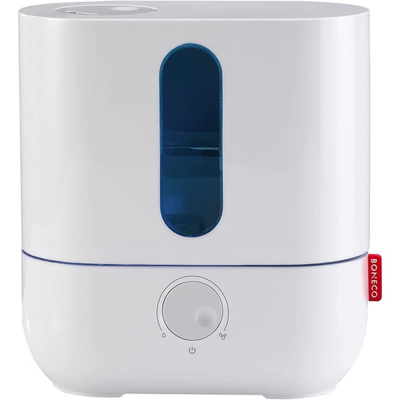 BONECO 1 Gallon Whisper Quiet Cool Mist Ultrasonic Humidifier for Large Room with LED Light, Control Knob, and Essential Oil Holder, White