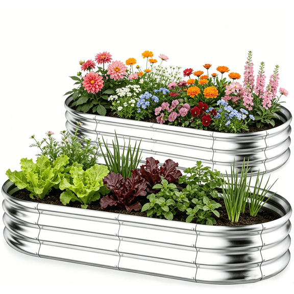 BONISON 2Pcs Galvanized Steel Raised Garden Bed,8 x 4 x 1 ft Large Metal Raised Planter Beds, Oval Design with Open Base for Better Drainage Silver