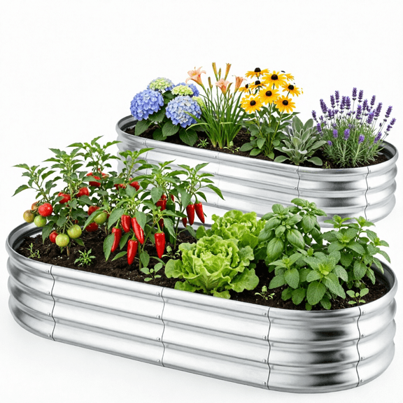BONISON Galvanized Raised Garden Bed Kit, Metal Oval Raised Garden Beds Outdoor, Compact Garden Bed for Vegetables & Flowers 4x2x1FT Silver 2Pack