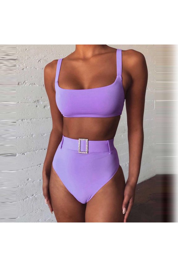 2 Piece Set Women Solid Color High Waist Bikini Explosion Split Swimsuit