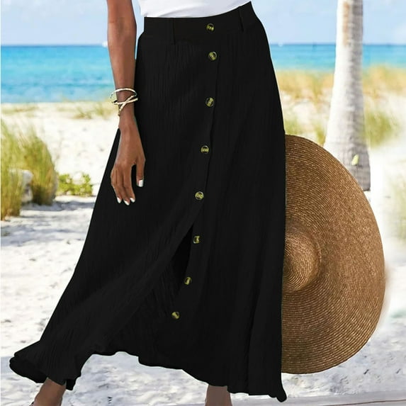 BONIXOOM Black Dresses for Women Beach Party Crew Neck Tab Sleeveless Button Down Skirt Solid Black Dresses