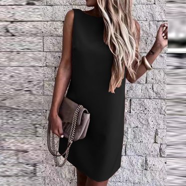 BONIXOOM Black Dresses for Women Fashion savings Pull-On Round Neckline Mid-Length A-Line Summer Dresses Clearance Black Size 3XL