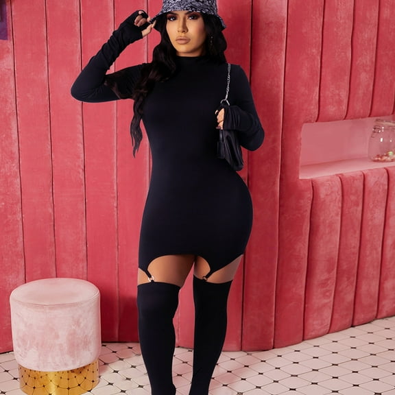 BONIXOOM Black Dresses for Women Love Casual Round Neckline Raglan Long Sleeve Pullover Set Solid Black Dresses