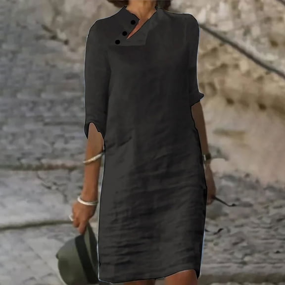 BONIXOOM Black Dresses for Women Multi-theme Holiday Turtleneck Tab Elbow-Length Button Down Dress Solid Black Dresses