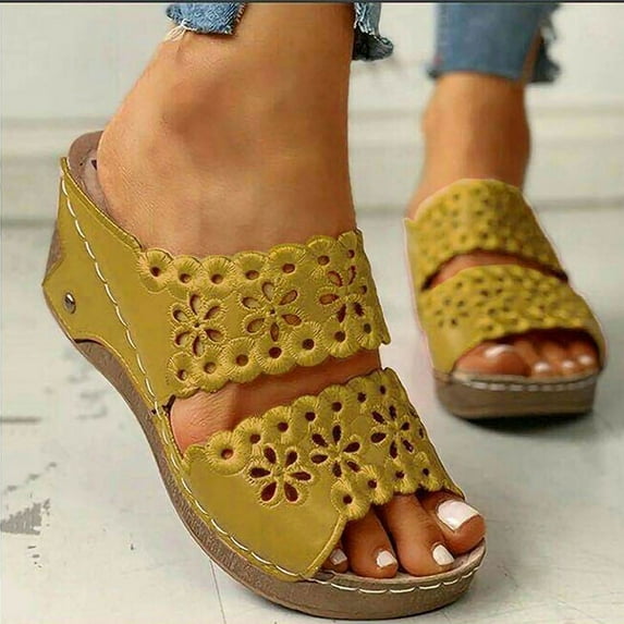 BONIXOOM Black Sandals Women Clearance Slip-On Platform V-Day Casual Summer Running Shoes For Women Yellow Size 8.5