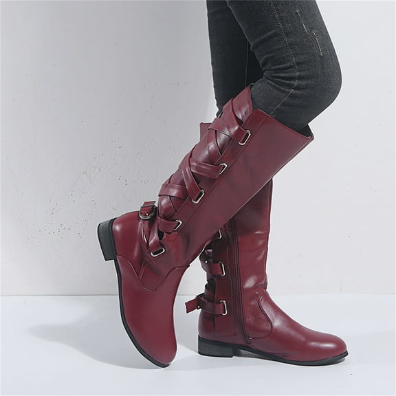 BONIXOOM Boots For Women High Heel PU Lace-Up Mid-Calf Winter Wine
