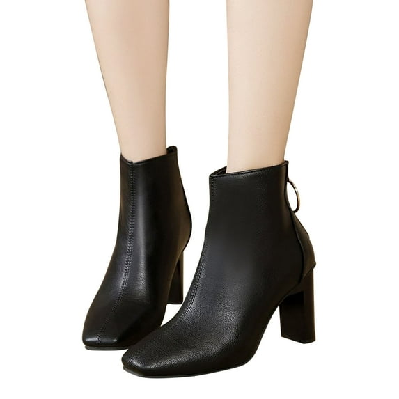 BONIXOOM Boots For Women High Heel Rubber Slip-On Ankle Drawstring Winter Black Boots