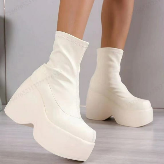 BONIXOOM Boots For Women High Heel Rubber Slip-On Mid-Calf Winter White