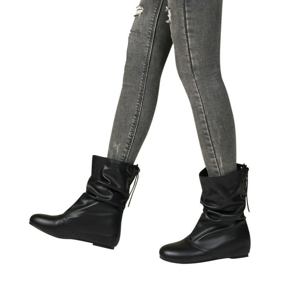 BONIXOOM Boots For Women Mid Heel Rubber Lace-Up Mid-Calf Drawstring Winter Black Boots