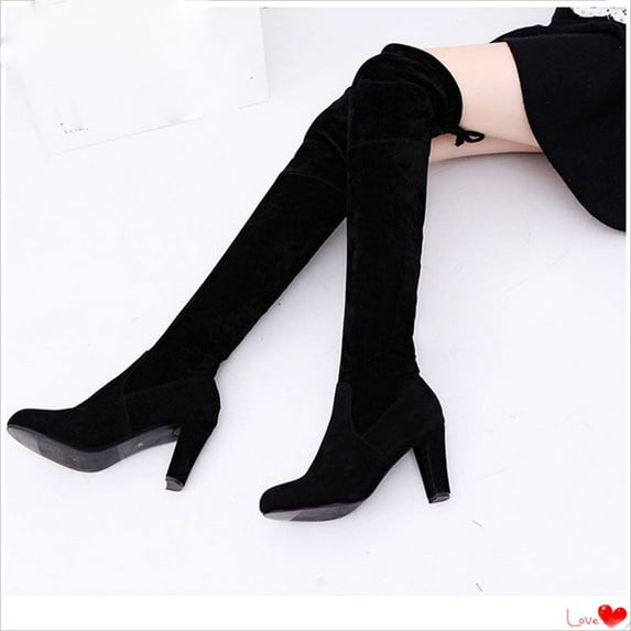 BONIXOOM Boots For Women Mid Heel Rubber Slip-On Knee-High Winter Black