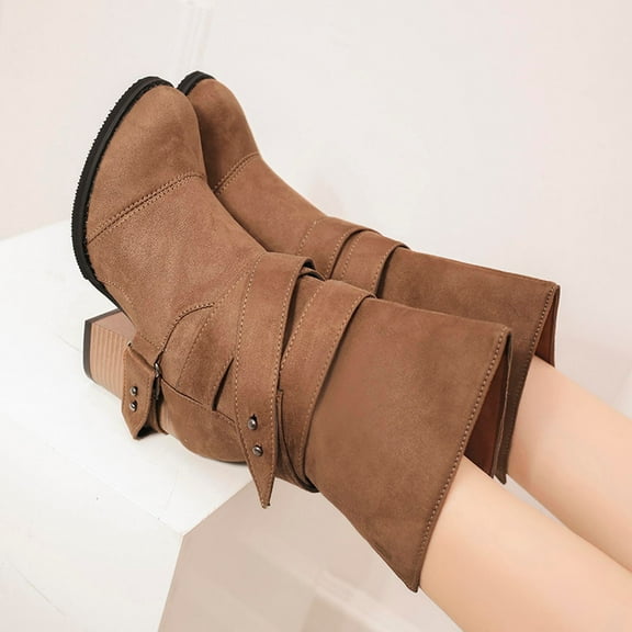 BONIXOOM Boots For Women Mid Heel Rubber Slip-On Mid-Calf Winter Brown