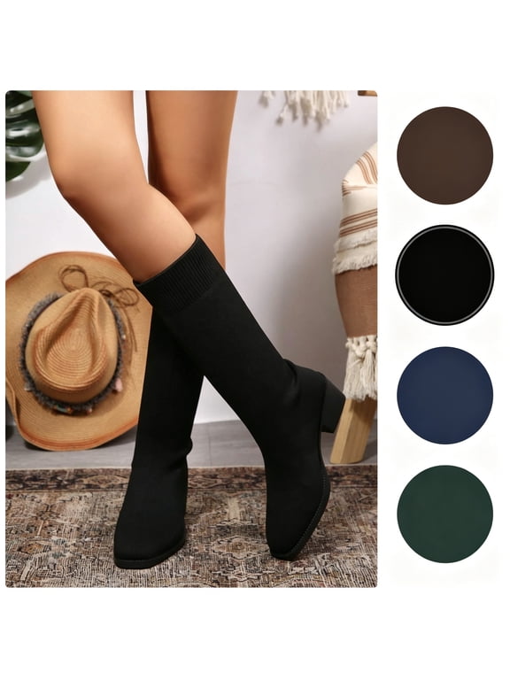 Boots for Women Mesh Elegant Sock Boots with Chunky Heel Breathable Bootie Stretch Knit Pull on Shoes