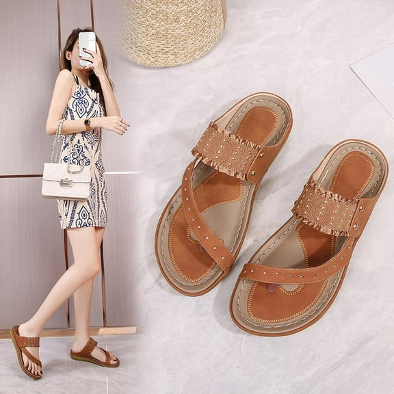 BONIXOOM Brown Sandals Women Clearance Fall Slip-On None Casual Fashion Womens Shoes Brown Size 9.5-10