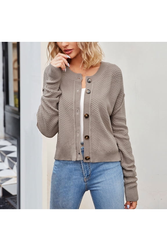 Cardigan For Women Womens Plus Cardigan Long Sleeve Button Solid Work Cardigan Khaki M