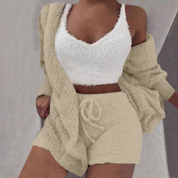 BONIXOOM Christmas Family Pajamas Matching Sets Christmas Pajamas For Women Loungewear None Long Sleeve Solid Sleepwear Sets Beige L