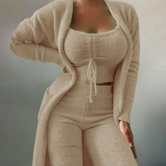 BONIXOOM Christmas Family Pajamas Matching Sets Christmas Pajamas For Women Loungewear None Long Sleeve Solid Sleepwear Sets Khaki L