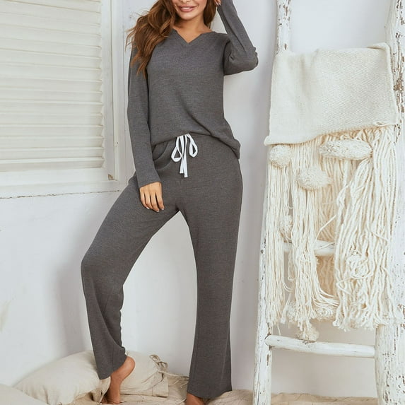 BONIXOOM Christmas Family Pajamas Matching Sets Christmas Pajamas For Women Loungewear Pull-On Long Sleeve Solid Sleepwear Sets Gray XXL