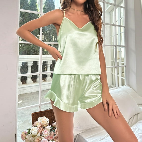BONIXOOM Christmas Family Pajamas Matching Sets Christmas Pajamas Women Loungewear Drawstring Sleeveless Solid Sleepwear Sets Green L