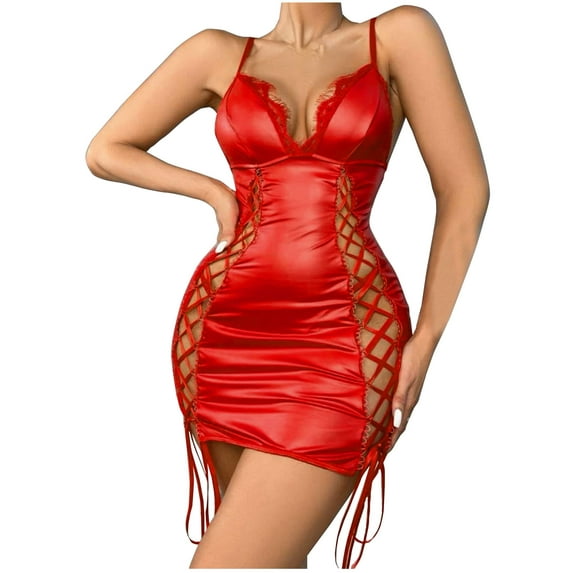BONIXOOM Christmas Family Pajamas Matching Sets Pajamas For Women Sleepwear Belt Sleeveless Solid Sleep Dress Red L