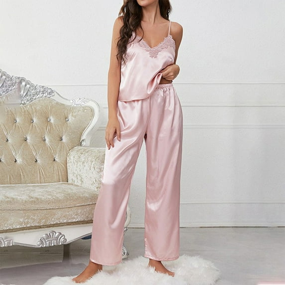 BONIXOOM Christmas Family Pajamas Matching Sets Womens Christmas Pajamas Sleepwear Belt Sleeveless Solid Sleep Pants Pink M