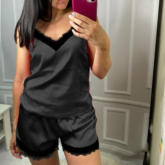 BONIXOOM Christmas Pajamas Christmas Pajamas For Women Sleepwear Drawstring Sleeveless Solid Sleepwear Sets Black XL