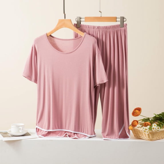 BONIXOOM Christmas Pajamas Christmas Pajamas For Women Sleepwear Tie Short Sleeve Solid Sleepwear Sets Pink XXL