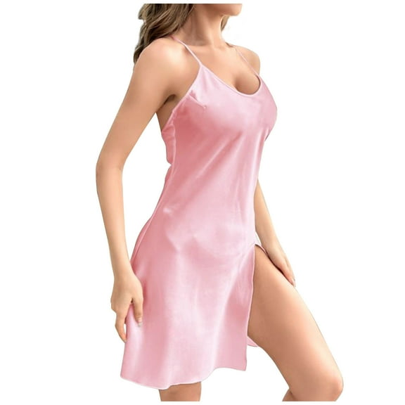 BONIXOOM Christmas Pajamas Christmas Pajamas Women Sleepwear Drawstring Sleeveless Solid Sleep Dress Pink L