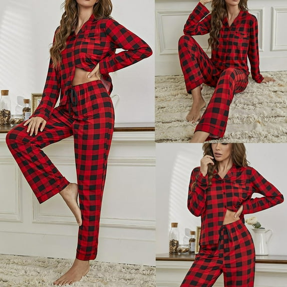 BONIXOOM Christmas Pajamas For Couples Silk Pajamas For Women Loungewear None Long Sleeve Plaid Sleepwear Sets Red L